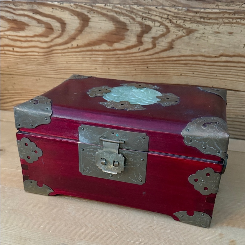 Vintage Chinese Rosewood Jewelry Box w/ Carved Jade Medallion & Brass Trim